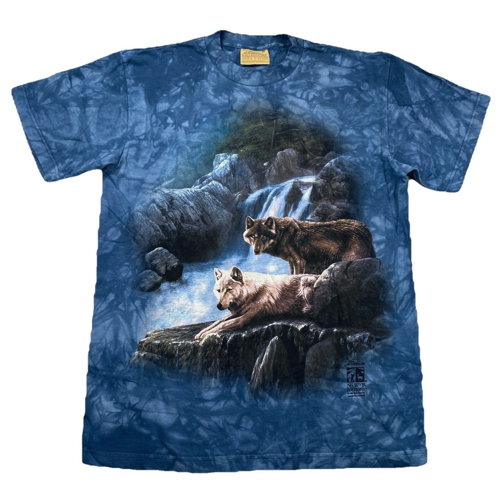 Vintage The Mountain Wolves Tie Dye Graphic T-Shirt Blue Bob Henley Size Medium